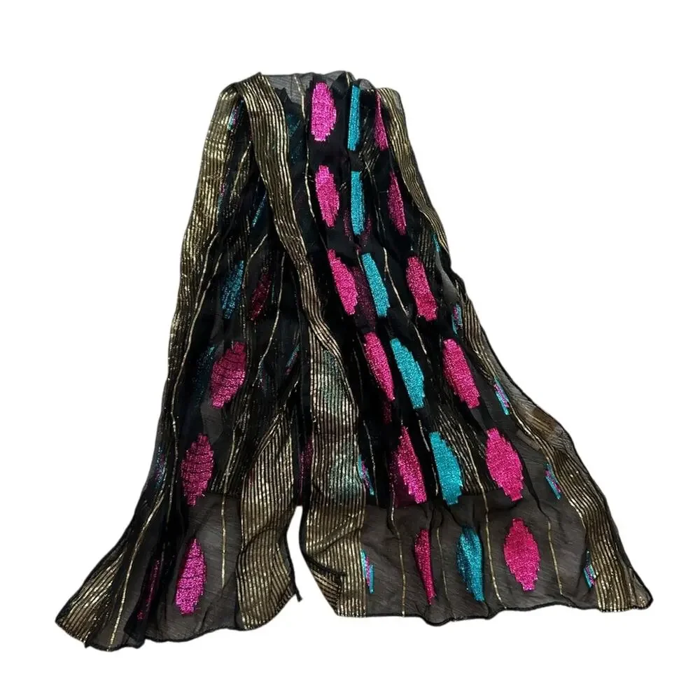 American Vtg Neck Scarf- Metallic- semi sheer bright pink blue- some wear 60x11